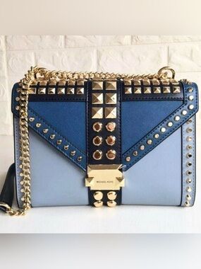 Michael Kors Whitney Two-Tone Blue Studded Leather 2-Way Crossbody NWOT